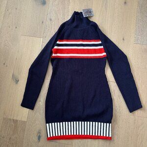 French Style Fashionable High Collar Red And White Striped Dress